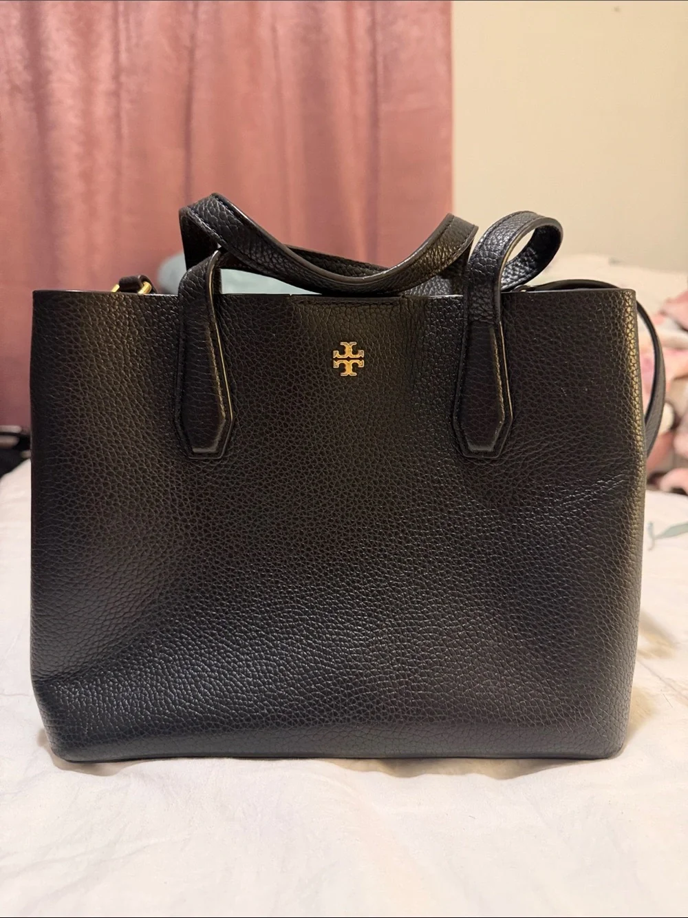 Tory Burch Black Pebbled Leather Tote with Gold Logo